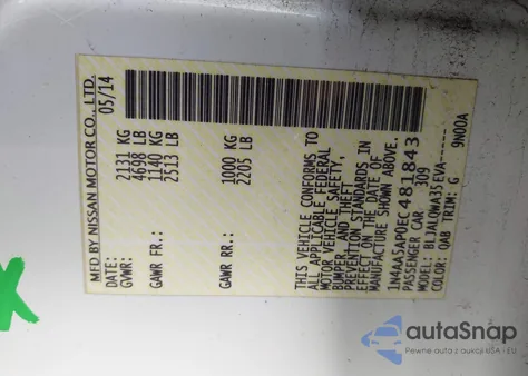 2014 Nissan Maxima 3.5 S/3.5 Sv from USA, damaged, VIN 1N4AA5AP0EC481843